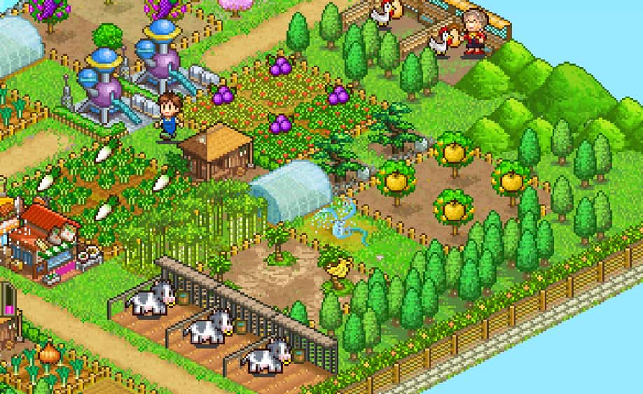 Kairosoft Pocket Harvest Ideal patch of 5 by 5 including decorations (bamboo and pine)